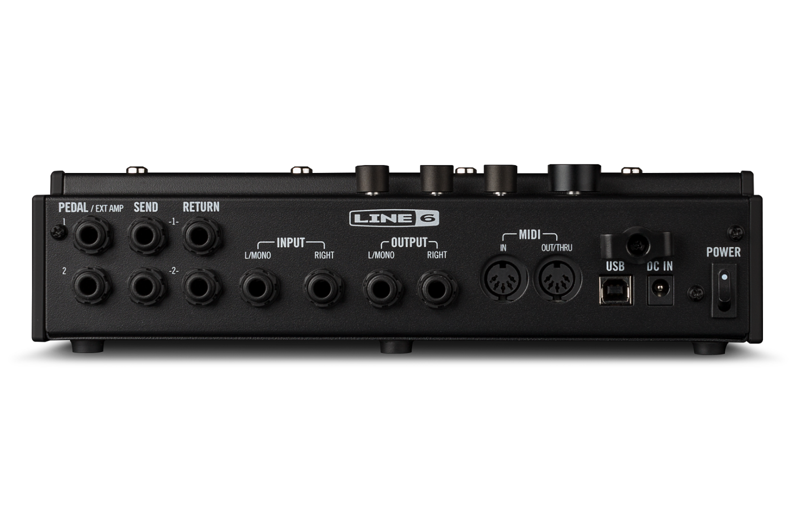 Line 6 HX Effects side view of black multi-effects pedalboard