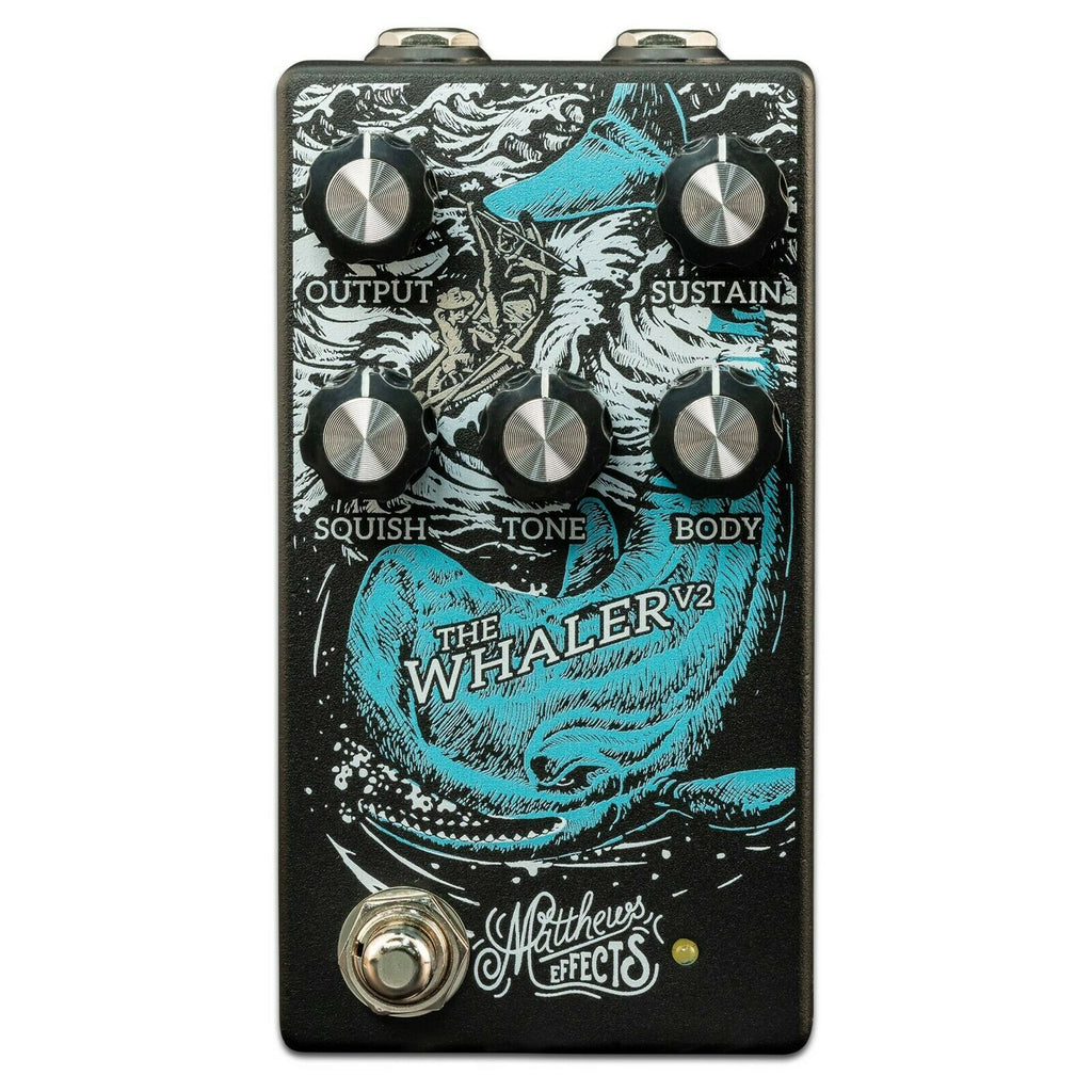 Matthews Effects Whaler V2 fuzz pedal — black enclosure with whale artwork
