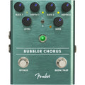 Fender Bubbler analog chorus pedal — top view of teal enclosure with Rate, Depth, Level, Sens knobs