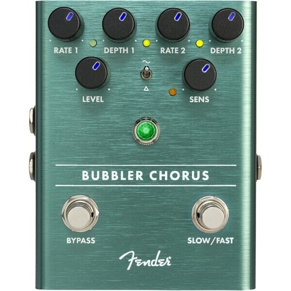 Fender Bubbler analog chorus pedal — top view of teal enclosure with Rate, Depth, Level, Sens knobs