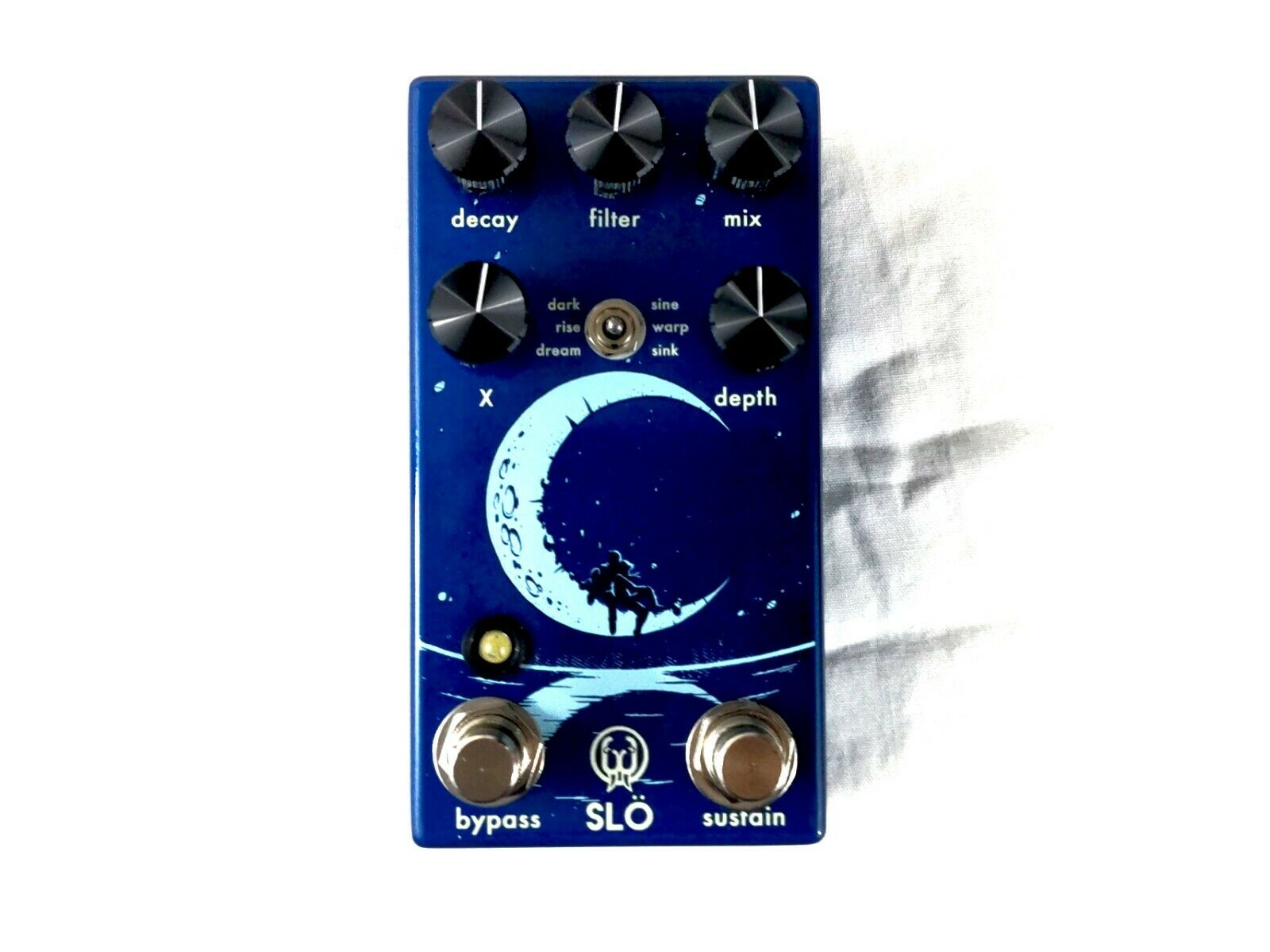 Walrus Audio Slö Multi Texture Reverb Pedal — blue enclosure with crescent moon artwork, bypass and sustain switches