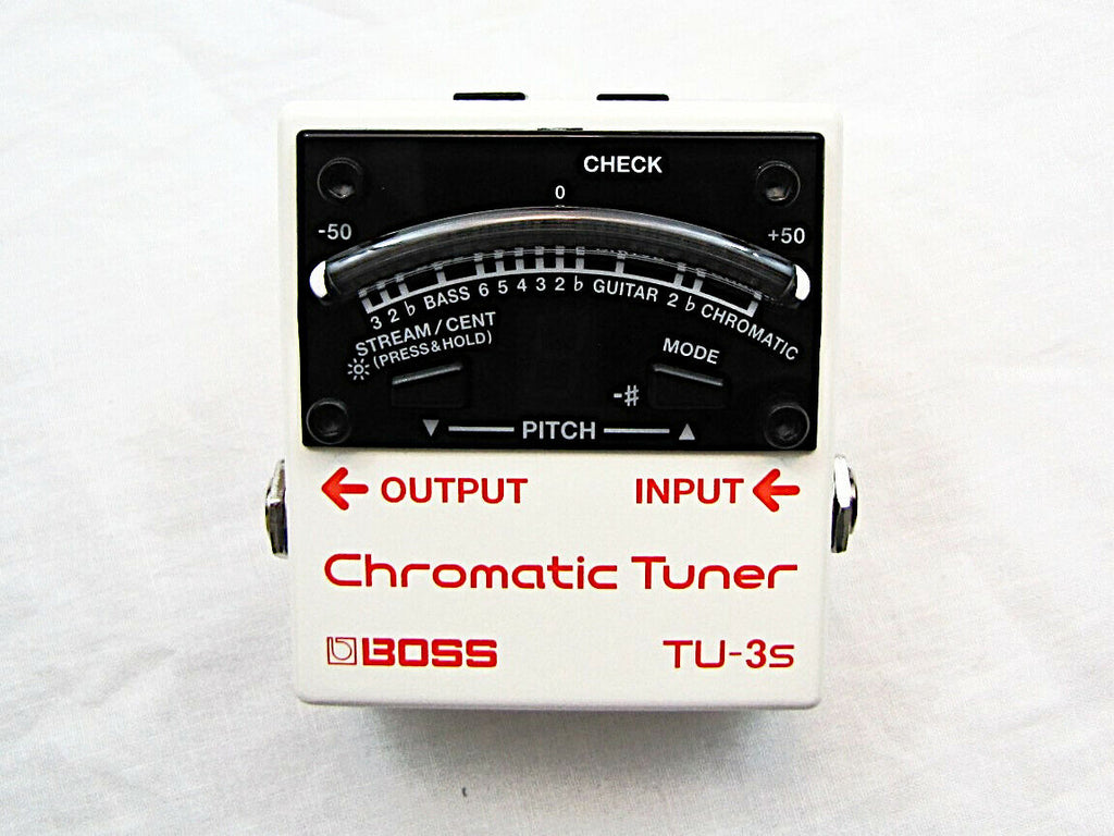 Boss TU-3S chromatic tuner pedal — front view, white enclosure with display
