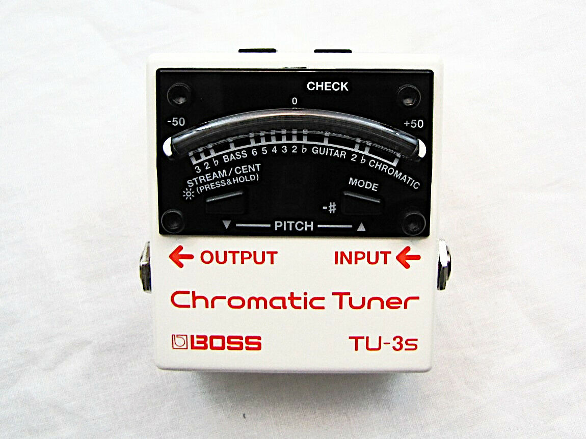 Boss TU-3S chromatic tuner pedal — front view, white enclosure with display