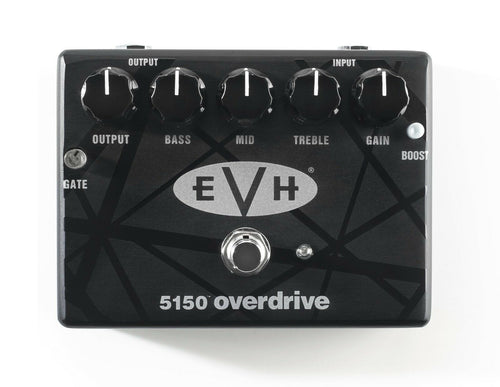 MXR EVH 5150 Overdrive guitar pedal in black with Van Halen striped artwork and five knobs