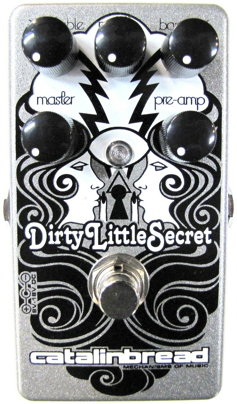 Catalinbread Dirty Little Secret MKIII overdrive pedal — silver enclosure, black graphics, five knobs, top view