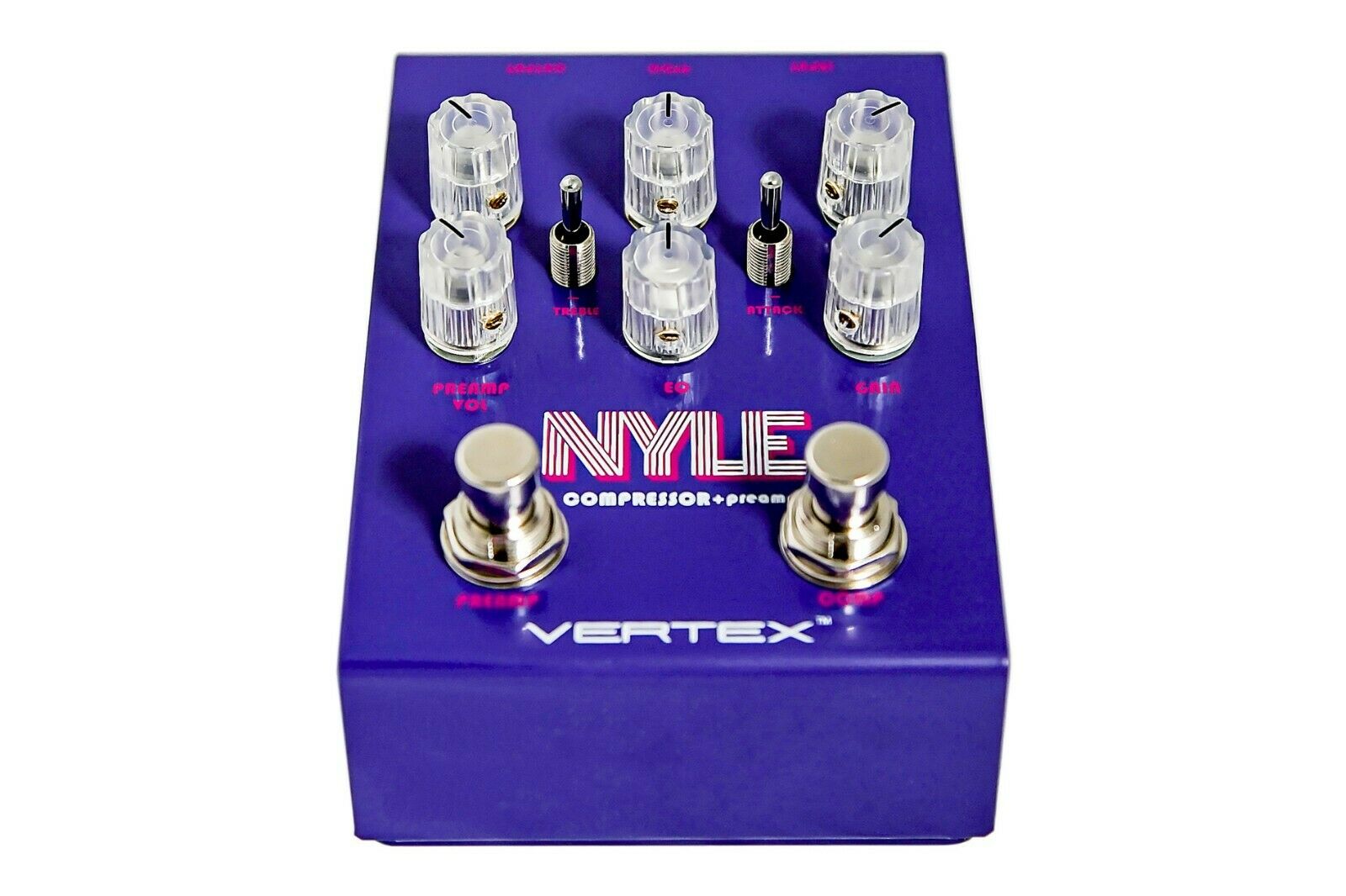 Vertex Nyle Compressor Preamp pedal — knob and toggle layout