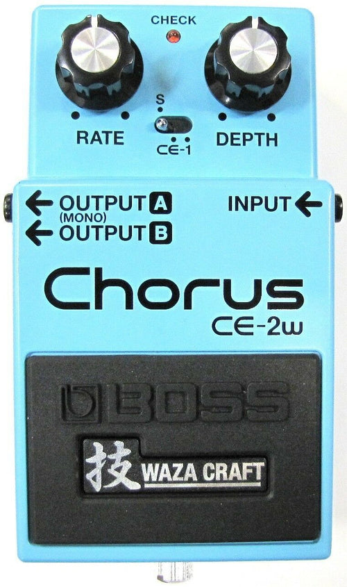 Used Boss CE-2W Waza Craft chorus pedal, blue, top view with Rate and Depth knobs