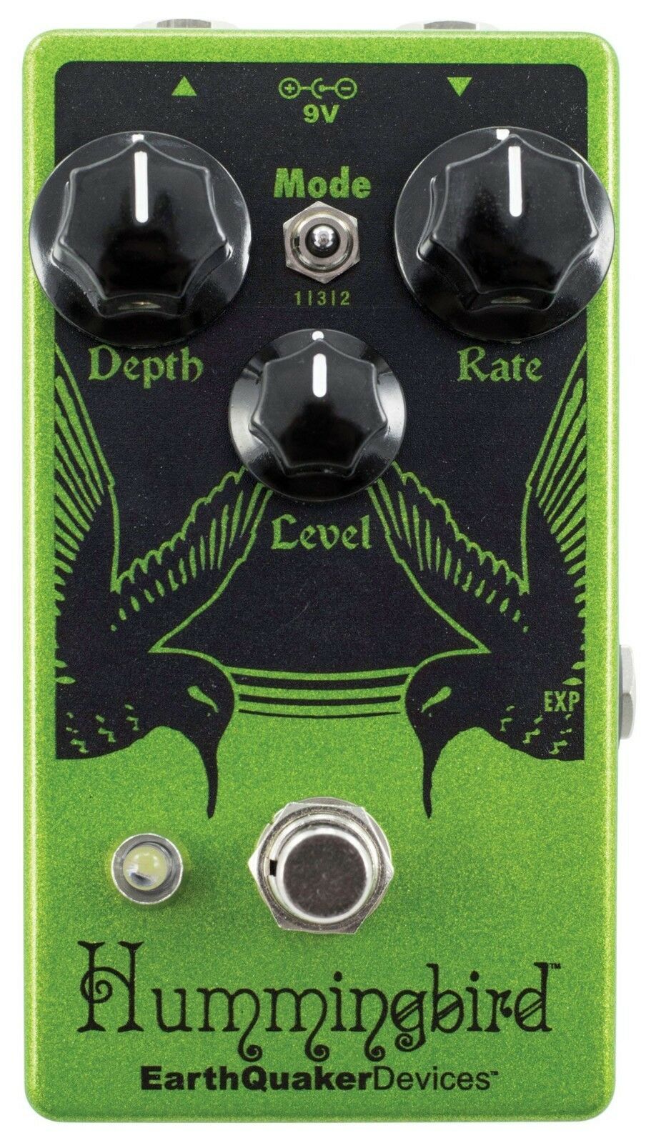 EarthQuaker Devices Hummingbird V4 tremolo pedal - front top view, green enclosure