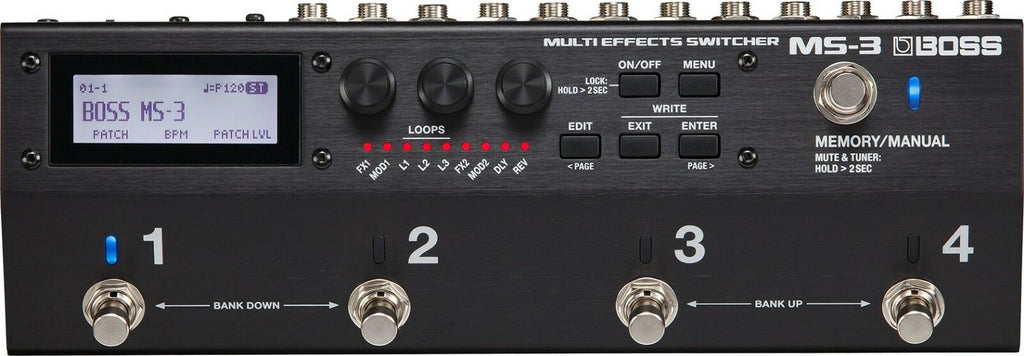 Boss MS-3 Multi Effects Switcher front panel controls and footswitches