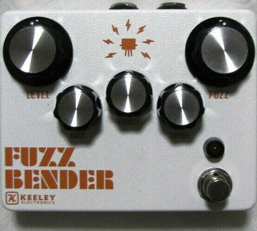 Keeley Fuzz Bender pedal — top view, white enclosure with Level, Bass, Bias, Treble, and Fuzz knobs