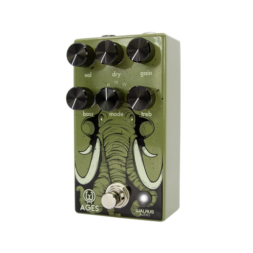 Walrus Audio Ages overdrive pedal — olive green enclosure with elephant artwork, angled view