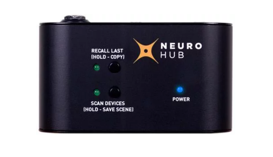 New Source Audio SA164 Neuro Hub MIDI Interface - Black enclosure front view with recall and scan buttons