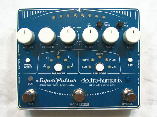 Electro-Harmonix Super Pulsar stereo tap tremolo pedal - blue enclosure top view