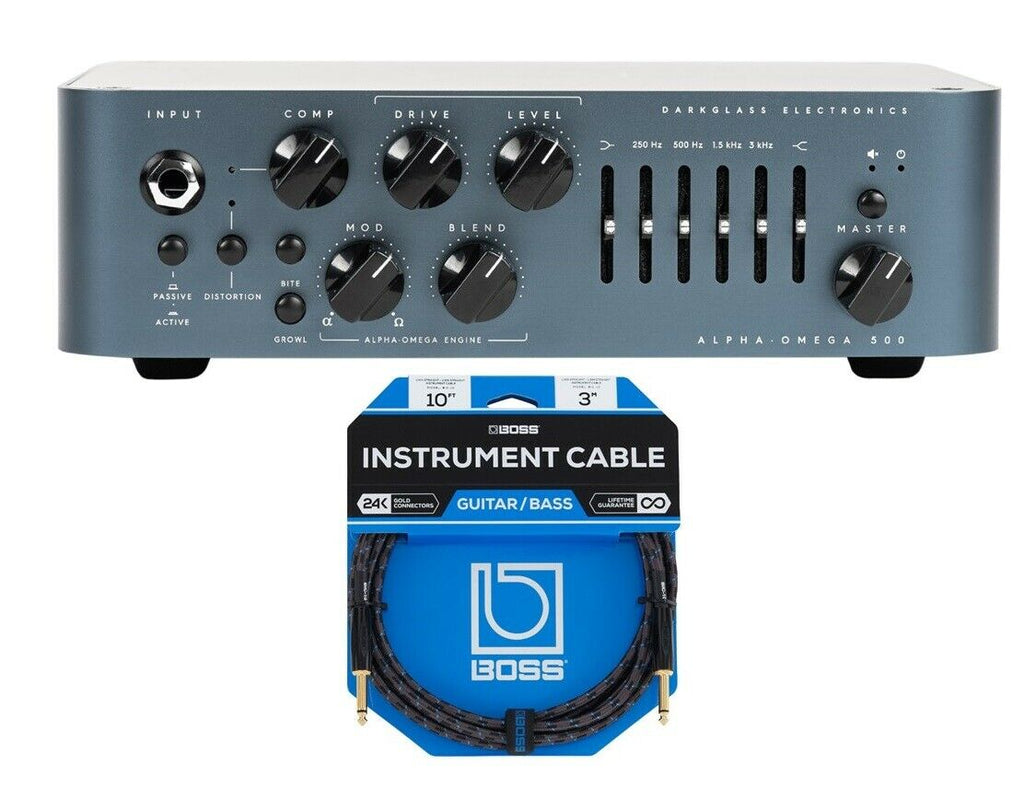 Darkglass Alpha Omega 500 bass amp head with included Boss instrument cable - front view