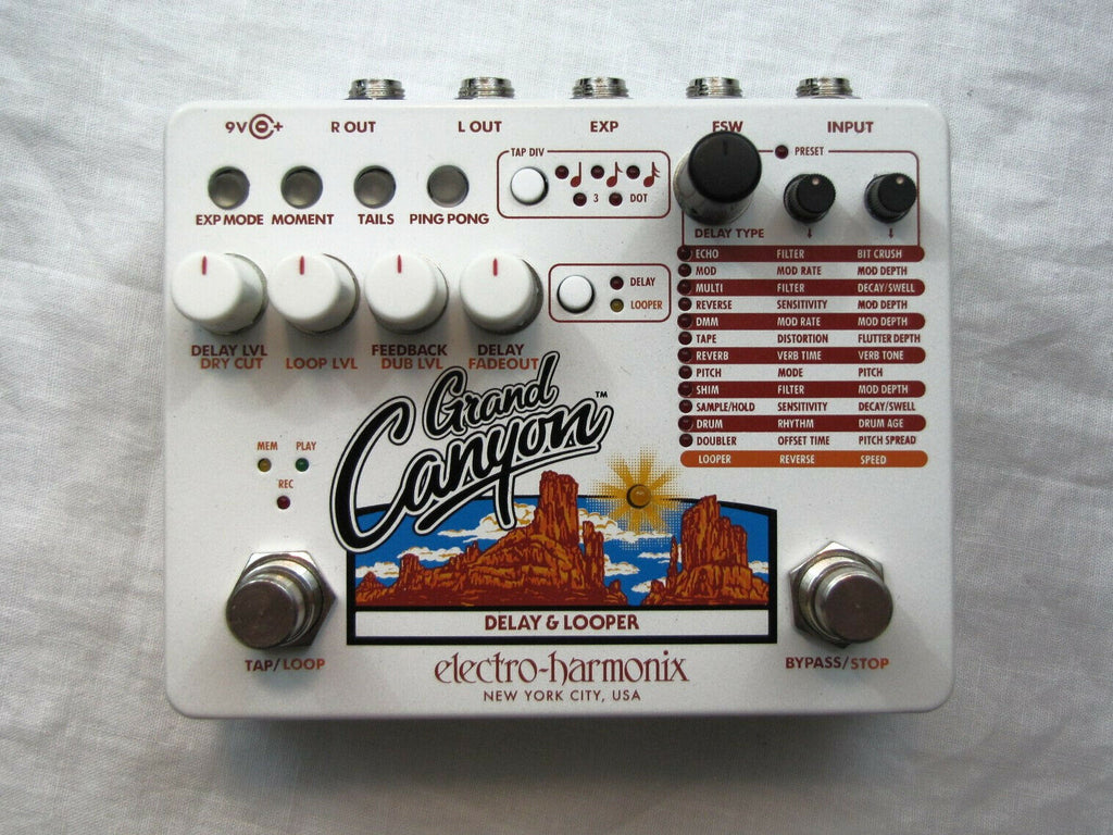 Electro-Harmonix Grand Canyon Delay Looper — white enclosure, top view with all controls