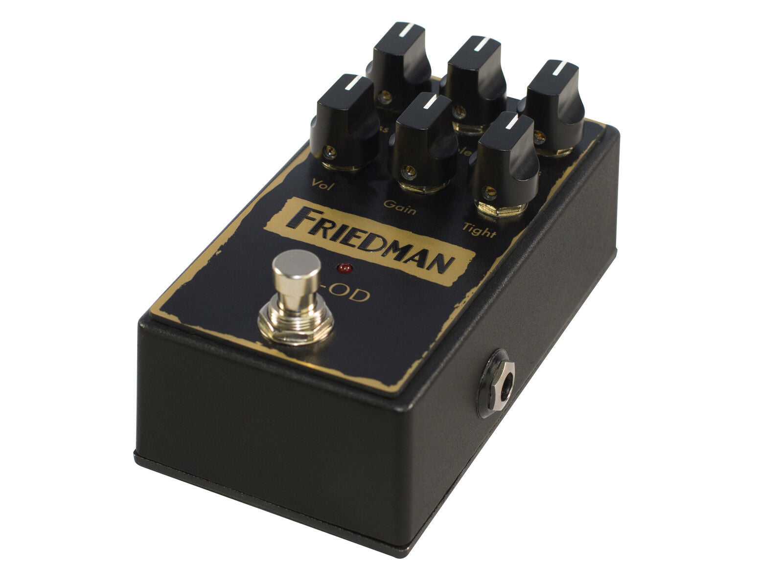 Friedman BE-OD overdrive pedal — black enclosure, angled side view