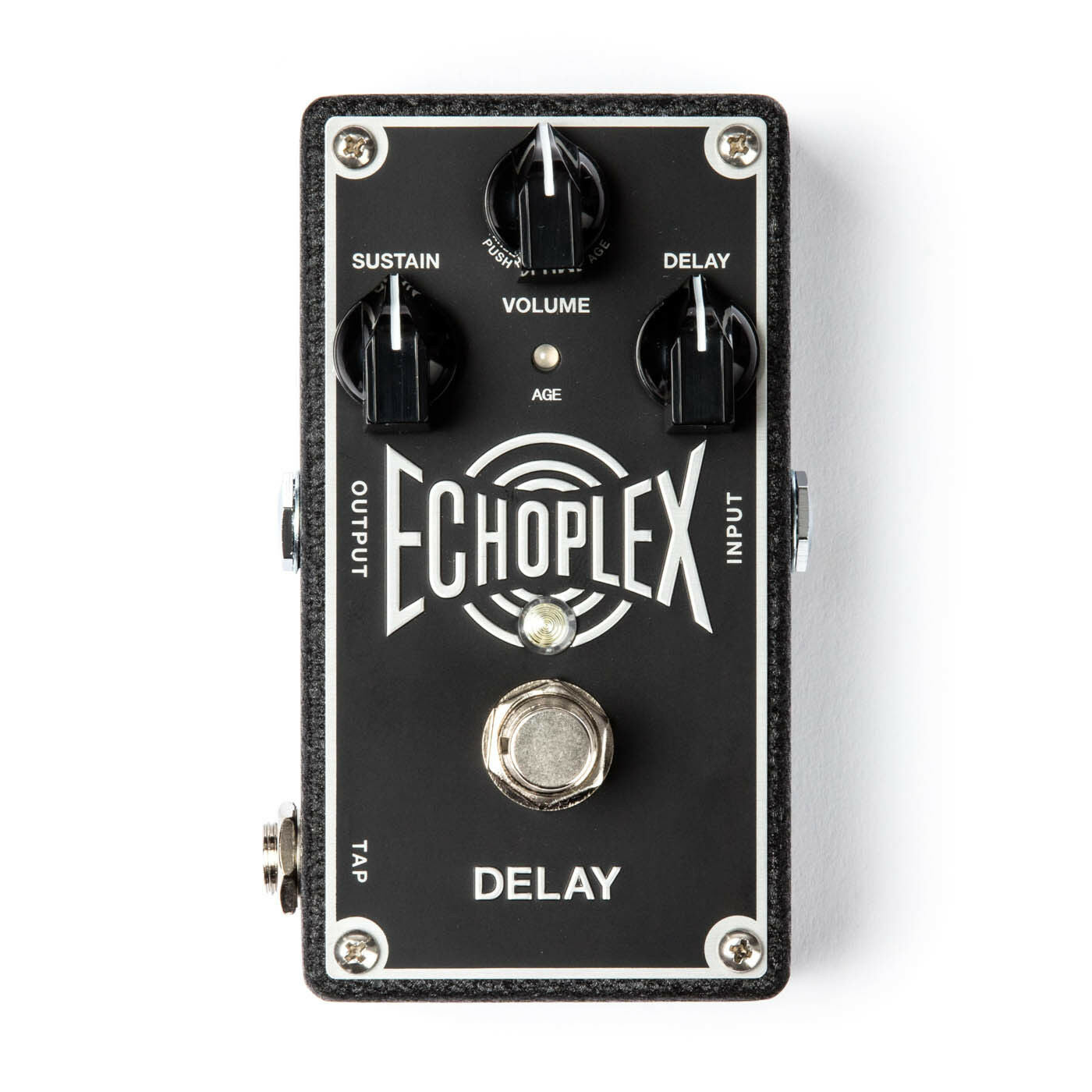 MXR EP103 Echoplex Delay pedal — top view, black enclosure with Sustain Volume Delay knobs