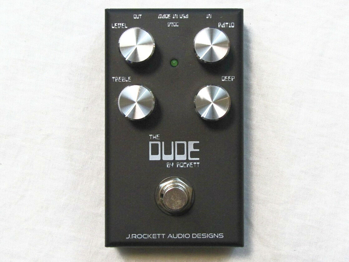 J Rockett The Dude V2 overdrive pedal — black enclosure with four silver knobs, top view