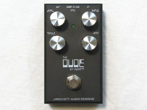 J Rockett The Dude V2 overdrive pedal — black enclosure with four silver knobs, top view