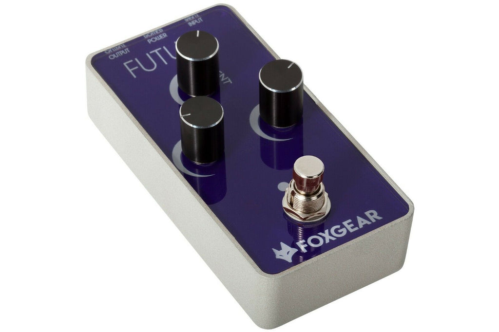 Foxgear Futura delay reverb pedal — purple and silver angled front view