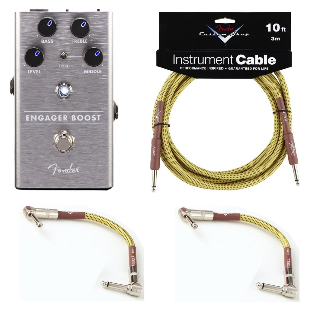 Fender Engager Boost guitar pedal in silver with included cables