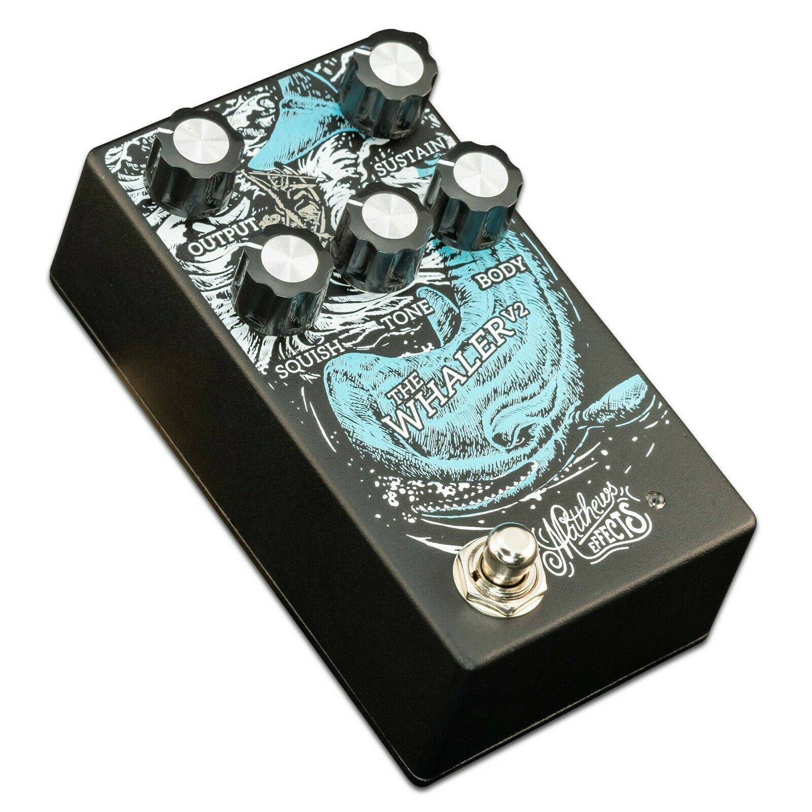 Matthews Effects Whaler V2 fuzz pedal — top knobs detail