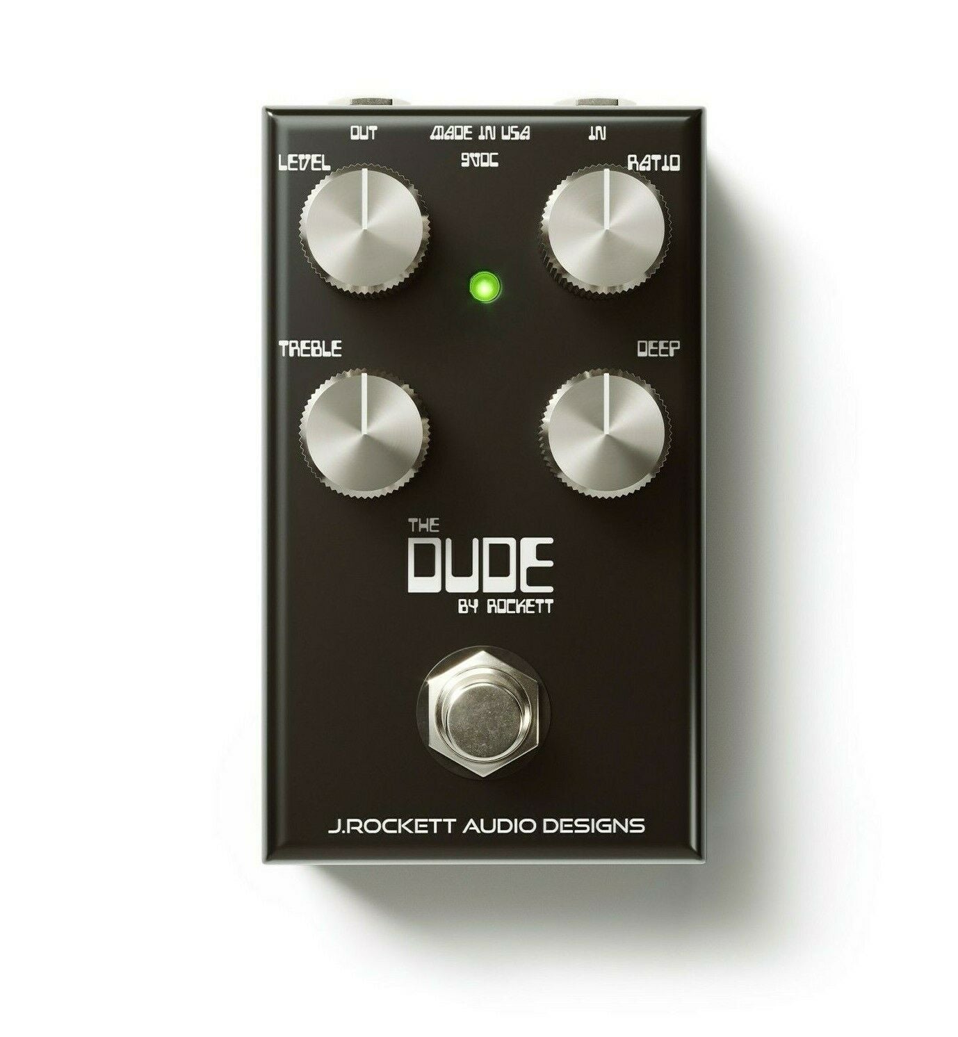 J Rockett The Dude V2 overdrive pedal — black enclosure, top view with four silver knobs