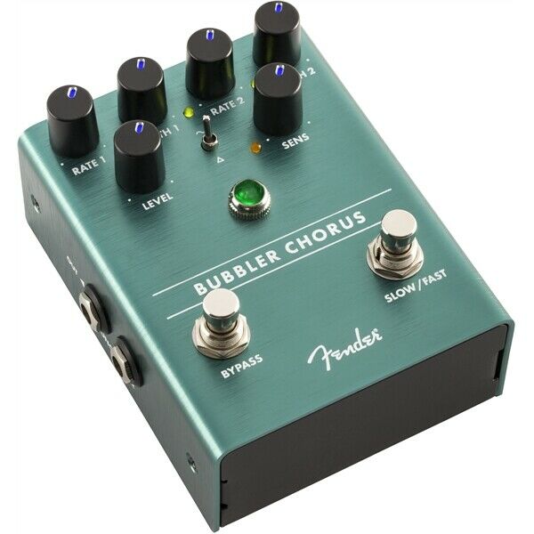 Fender Bubbler analog chorus pedal — angled side view of teal chassis