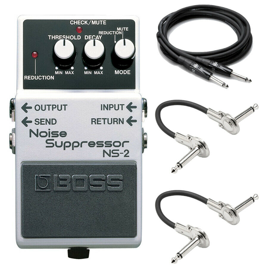 New Boss NS-2 Noise Suppressor pedal, silver, with patch cables and guitar cable