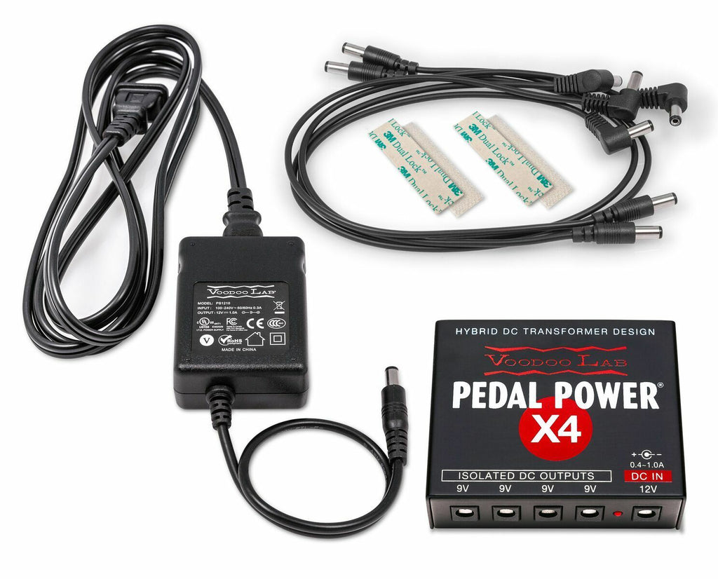 Voodoo Lab Pedal Power X4 power supply — black unit with AC adapter and power cables
