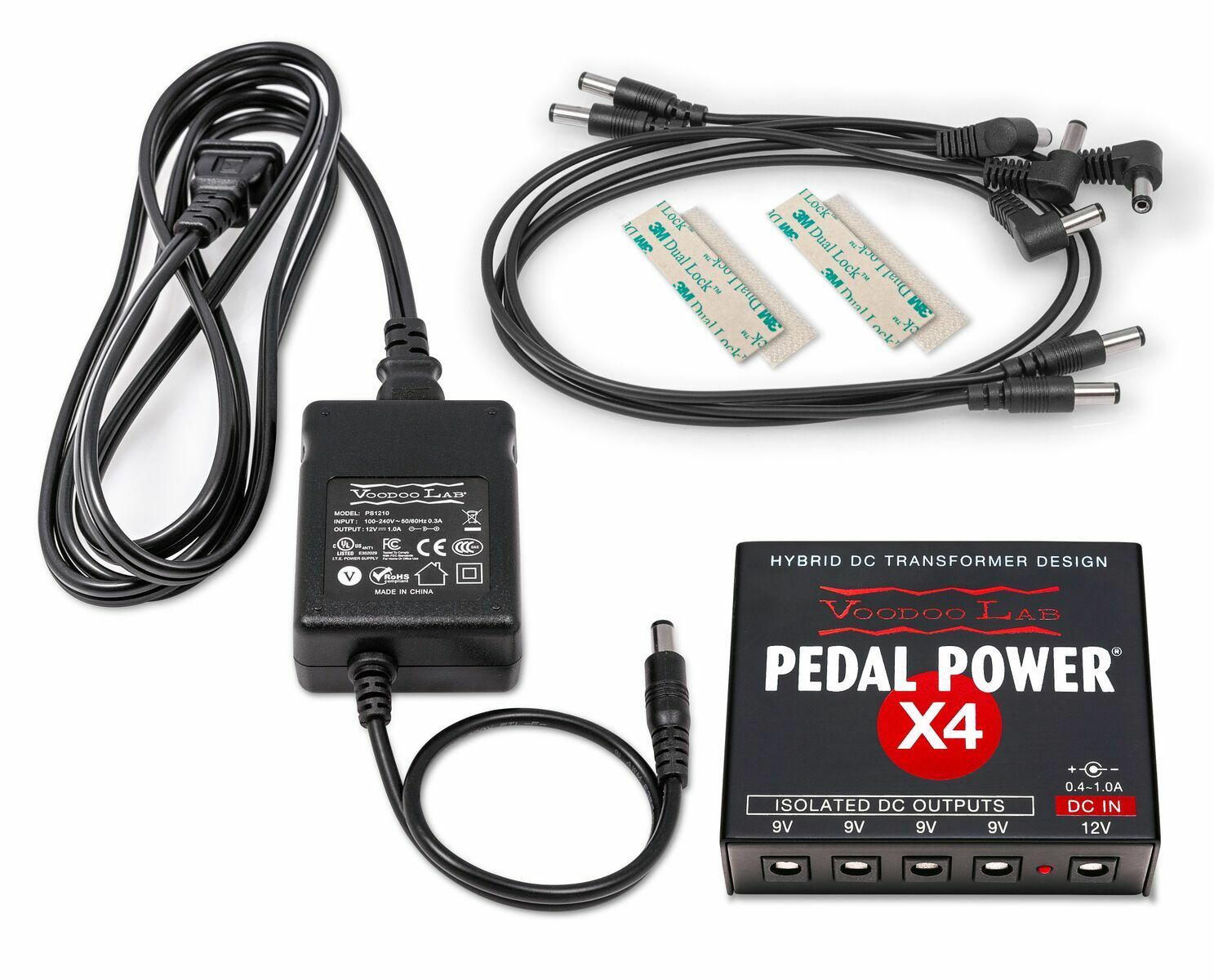 Voodoo Lab Pedal Power X4 power supply — black unit with AC adapter and power cables