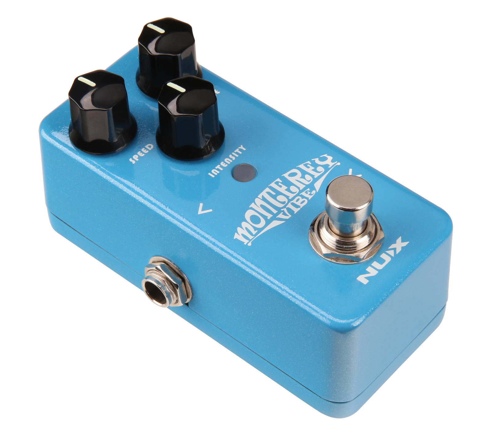 NUX Monterey Vibe NCH-1 uni-vibe pedal — angled view of blue enclosure