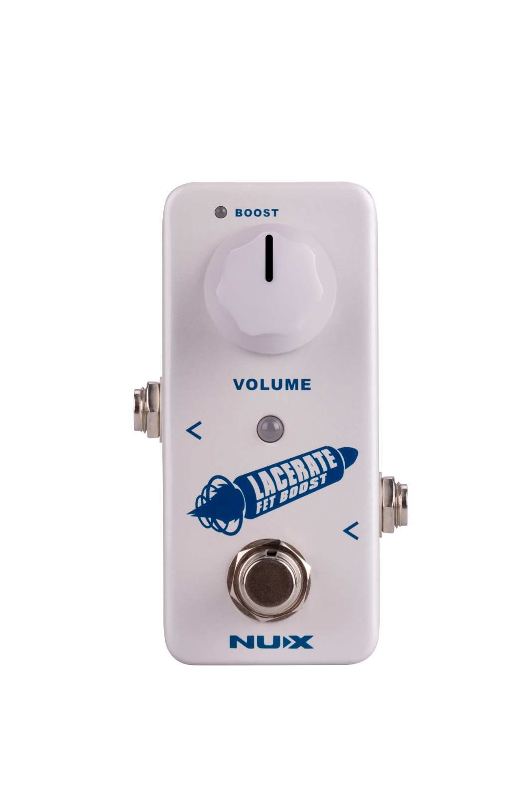 NUX Lacerate NFB-2 FET boost pedal — white mini enclosure, Volume knob and Boost LED