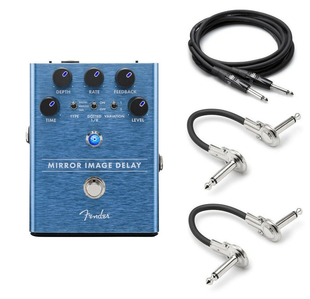 Fender Mirror Image Delay guitar pedal, blue anodized aluminum enclosure, with Hosa cable bundle