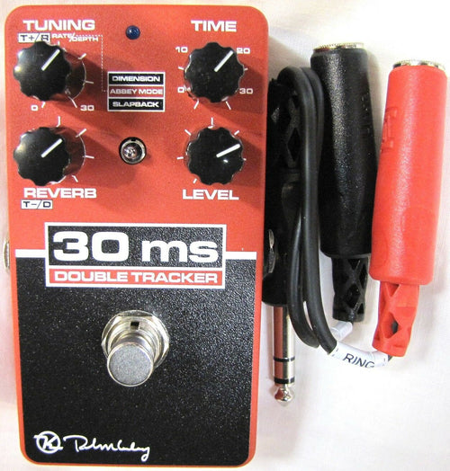 Keeley 30ms Double Tracker delay pedal - front with stereo Y-cord