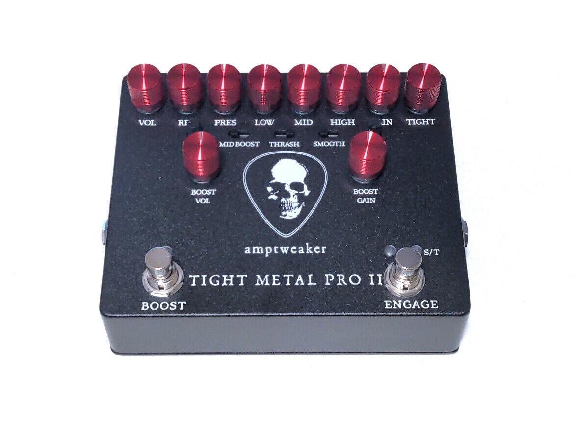 Amptweaker Tight Metal Pro II distortion pedal - black enclosure with red knobs and skull graphic