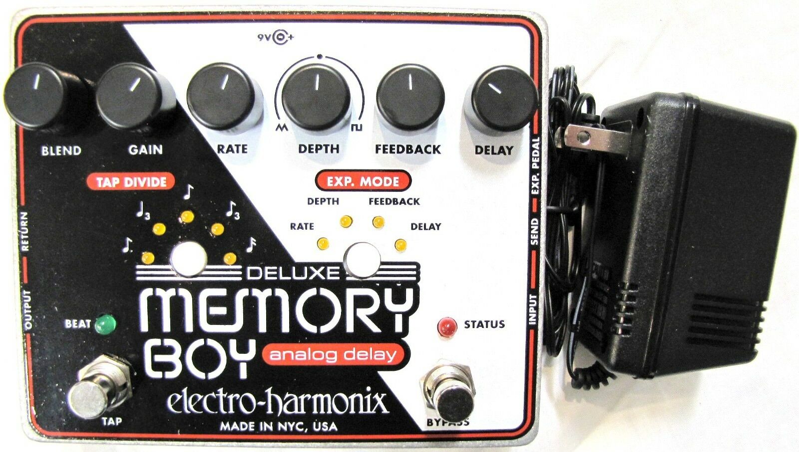 Electro-Harmonix Deluxe Memory Boy analog delay pedal — black enclosure with included power adapter