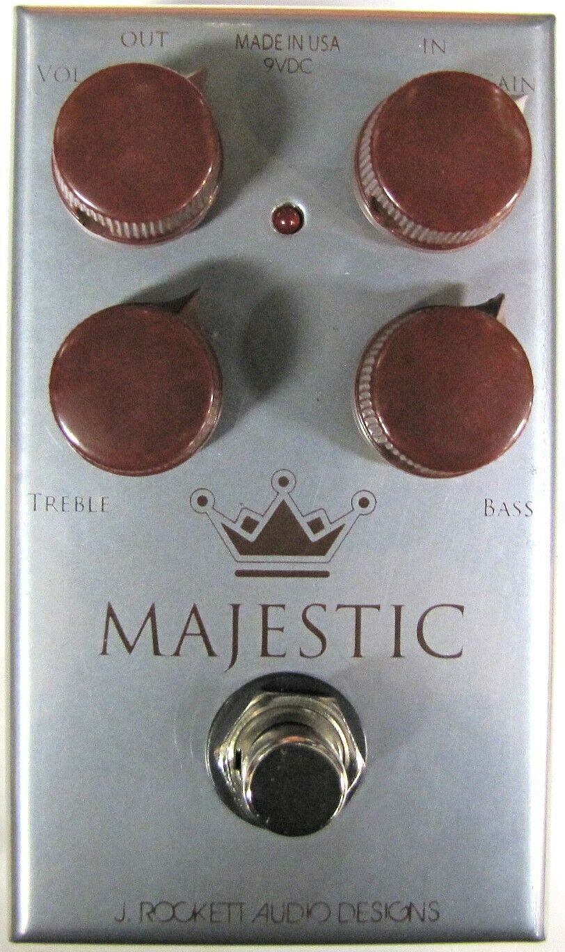 J Rockett Majestic Overdrive pedal — blue and silver enclosure, top view