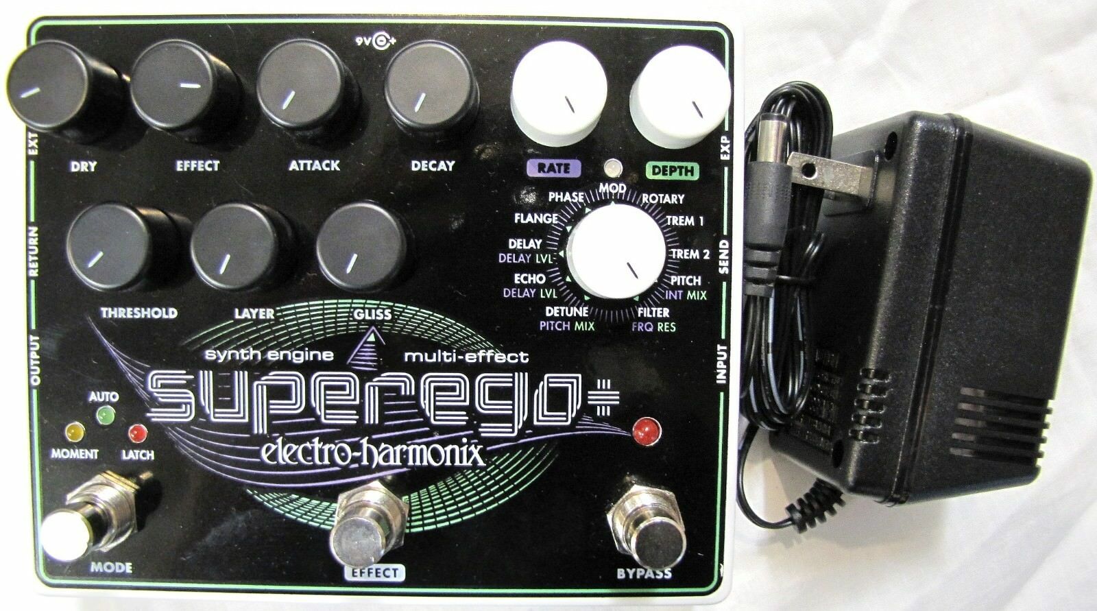 Electro-Harmonix Superego Plus synth engine guitar pedal — black enclosure with power adapter