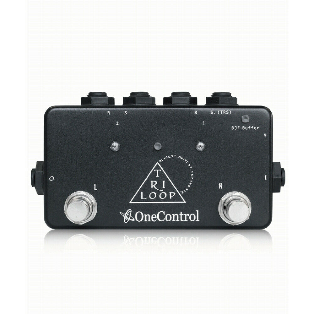 One Control Tri-Loop switcher — black true bypass loop switcher pedal, top view