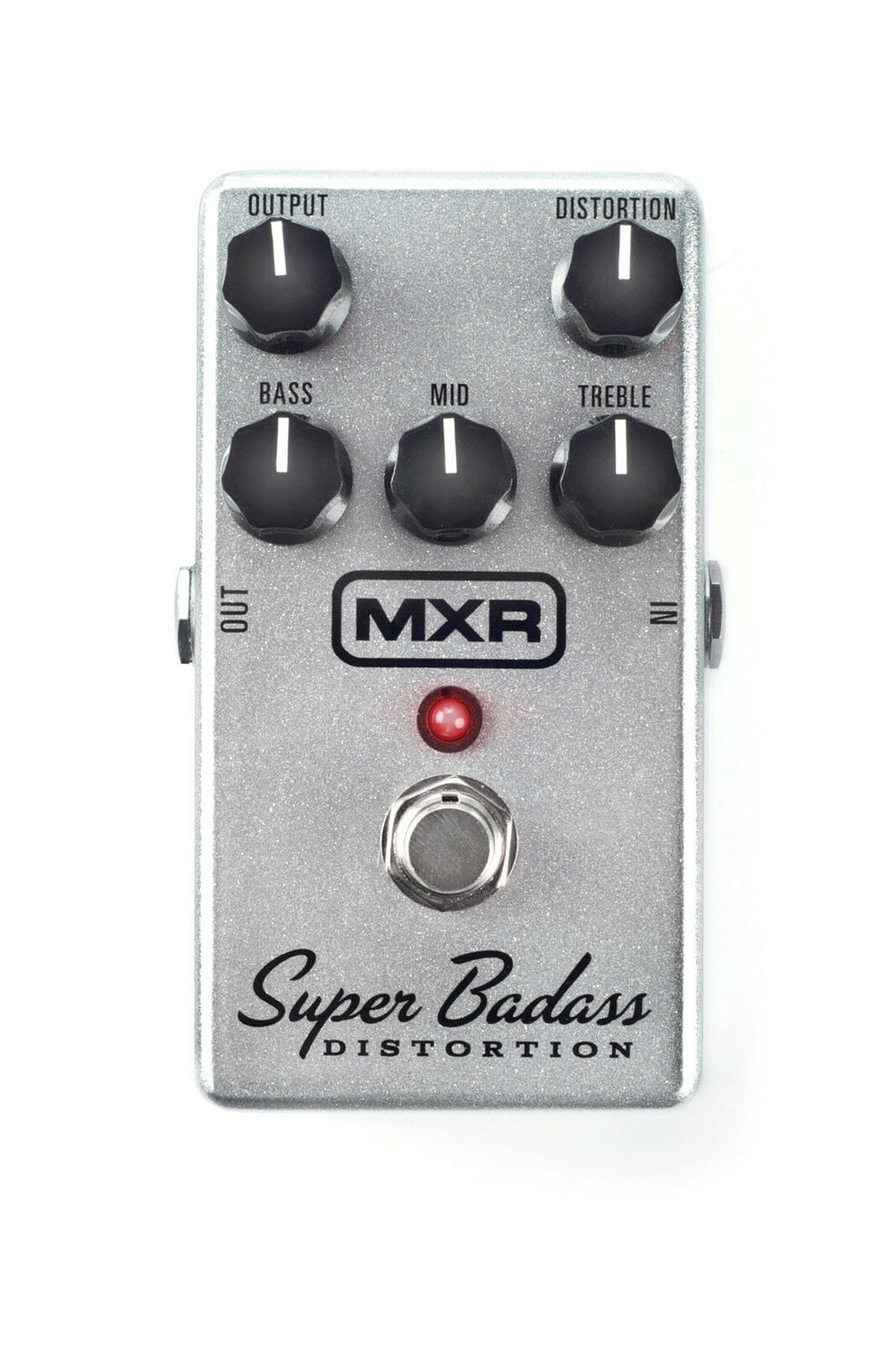 MXR M75 Super Badass Distortion guitar effects pedal, silver housing with black knobs