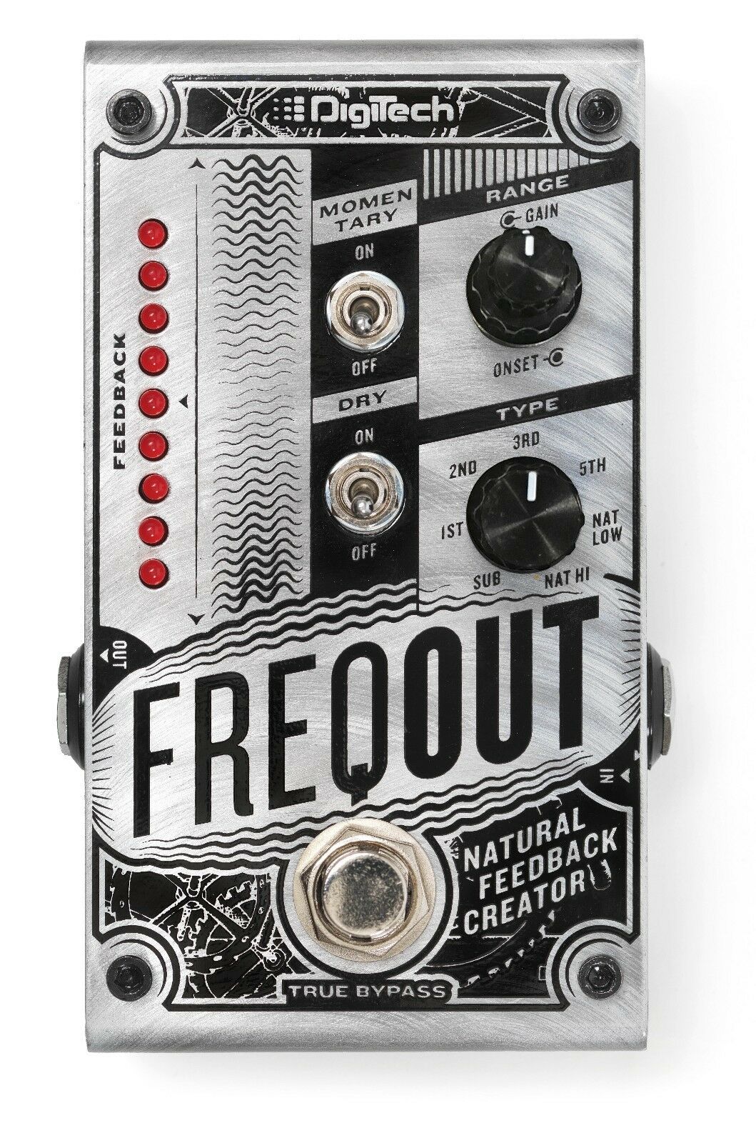DigiTech FreqOut Natural Feedback Creator pedal — front view, brushed silver chassis
