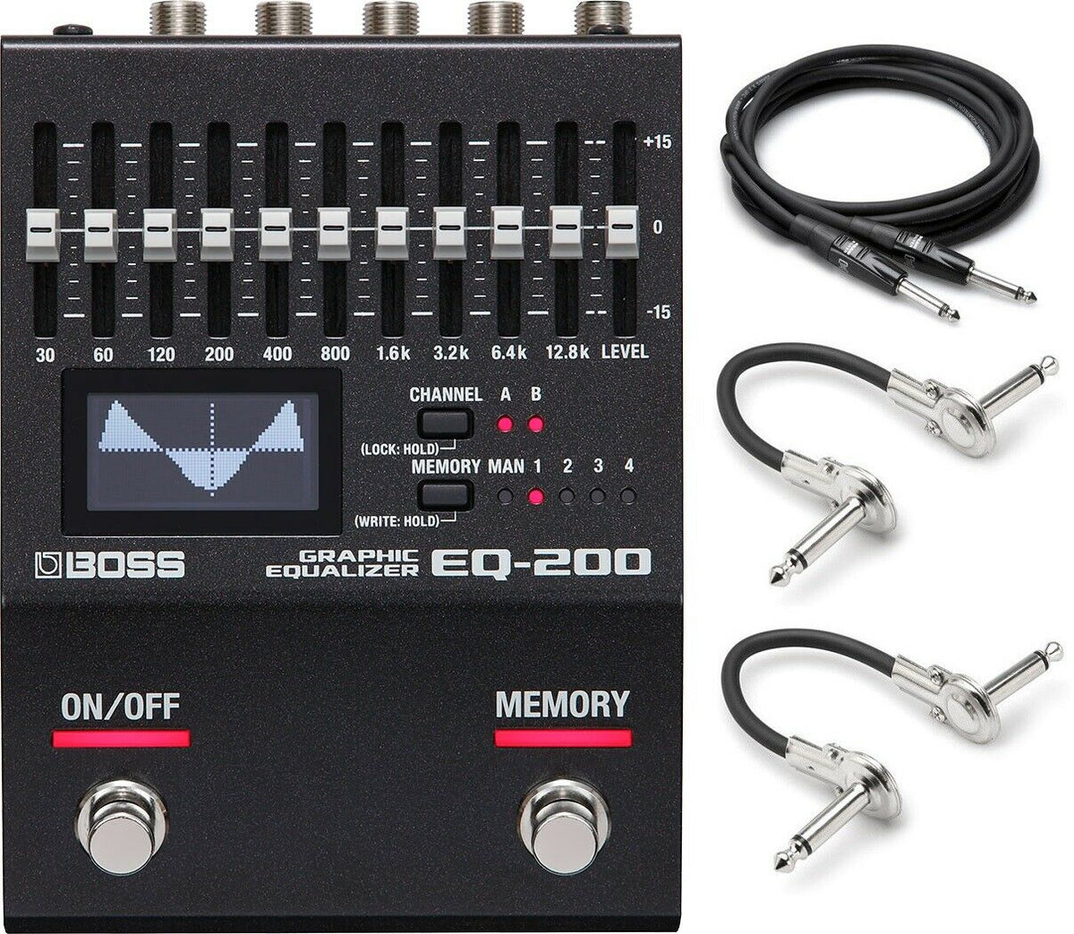 Boss EQ-200 graphic equalizer pedal — black 10-band stereo EQ with cables included