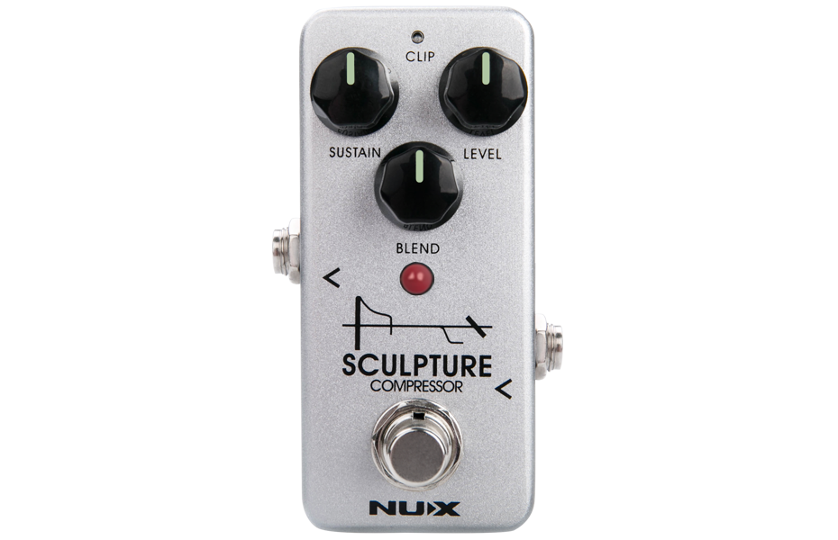 NUX Sculpture NCP-2 compressor pedal — silver mini enclosure, Sustain Level Blend knobs