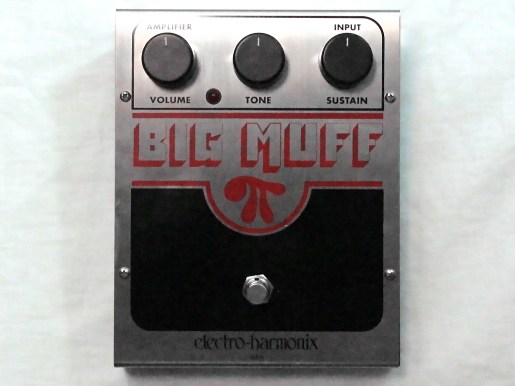 Used Electro-Harmonix Big Muff Pi fuzz pedal, silver and black, top view with knobs