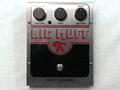 Used Electro-Harmonix Big Muff Pi fuzz pedal, silver and black, top view with knobs