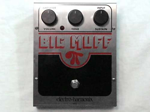 Used Electro-Harmonix Big Muff Pi fuzz pedal, silver and black, top view with knobs
