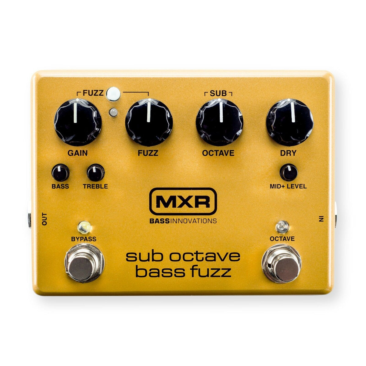 MXR M287 Sub Octave Bass Fuzz — gold enclosure dual-footswitch, top view