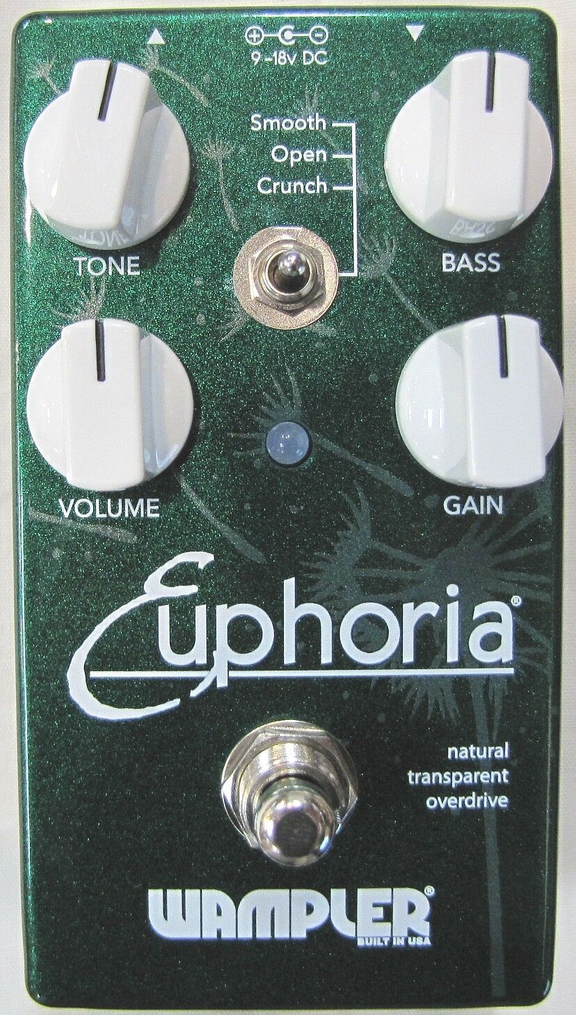 Used Wampler Euphoria overdrive pedal, green sparkle enclosure top view