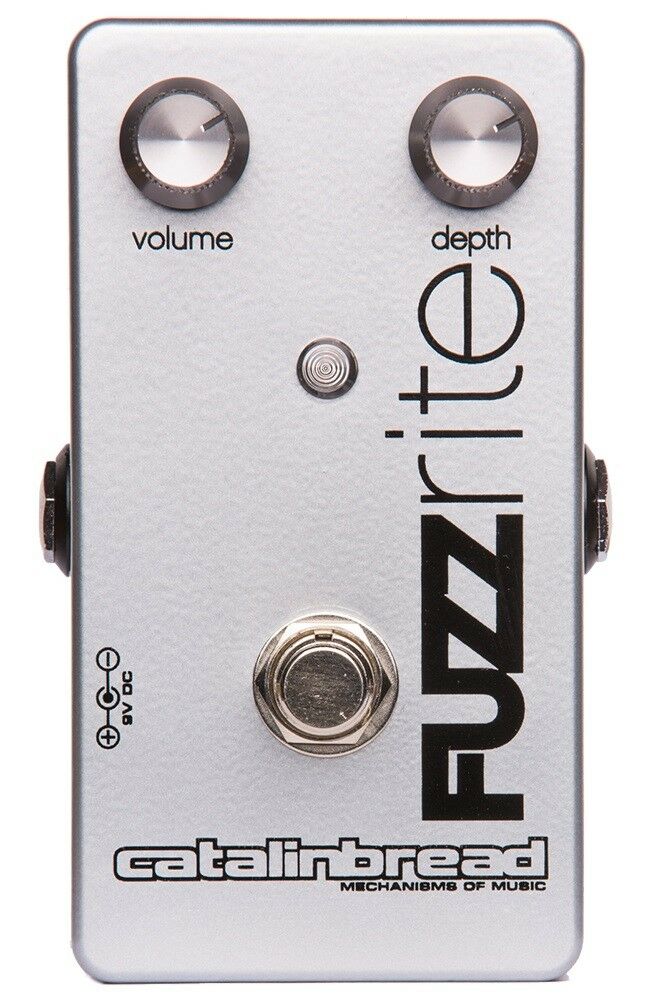 Catalinbread Fuzzrite fuzz pedal silver enclosure with volume and depth knobs